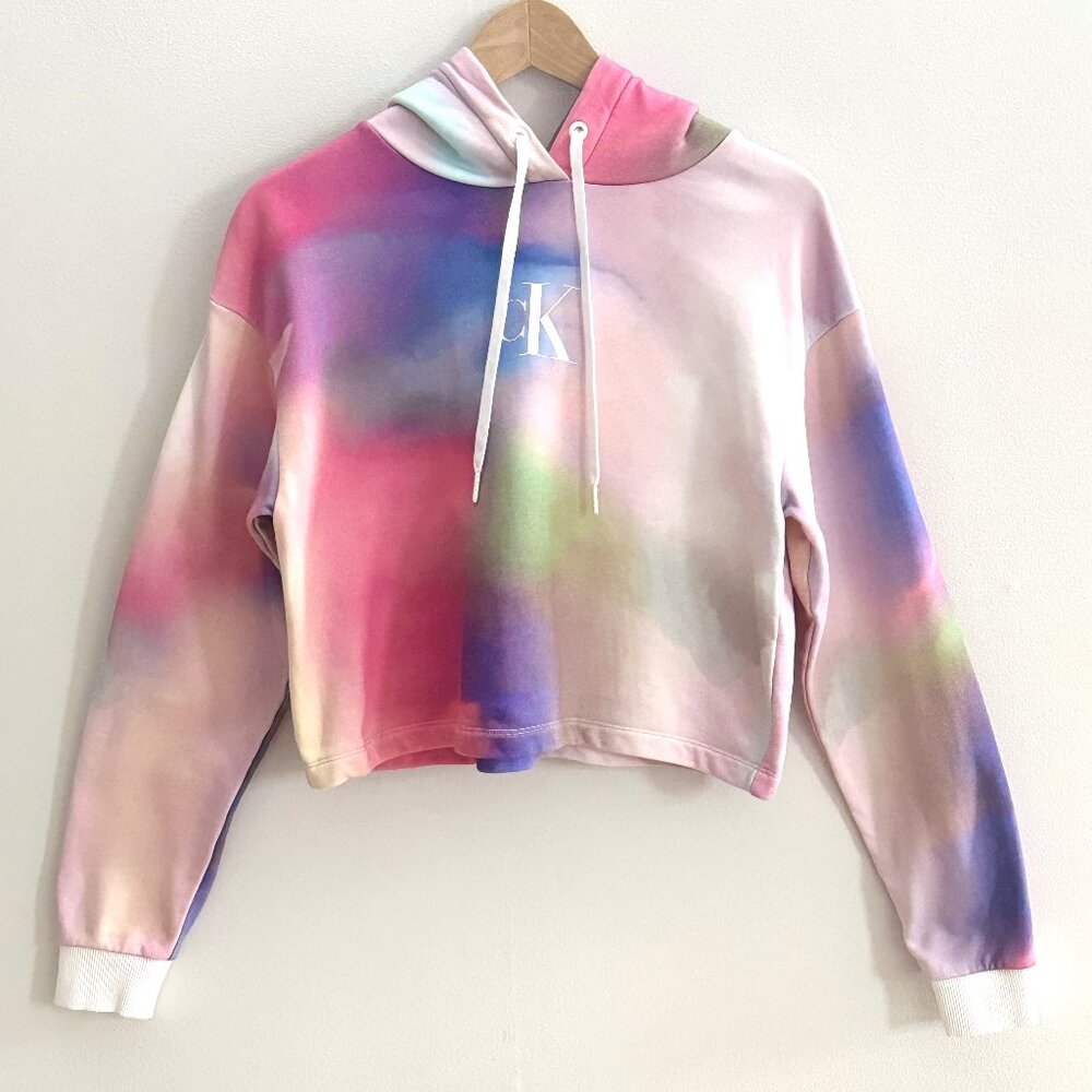 Calvin Klein Jeans Womens Monogram Logo Pullover Cropped Hoodie, Multicolor, XS